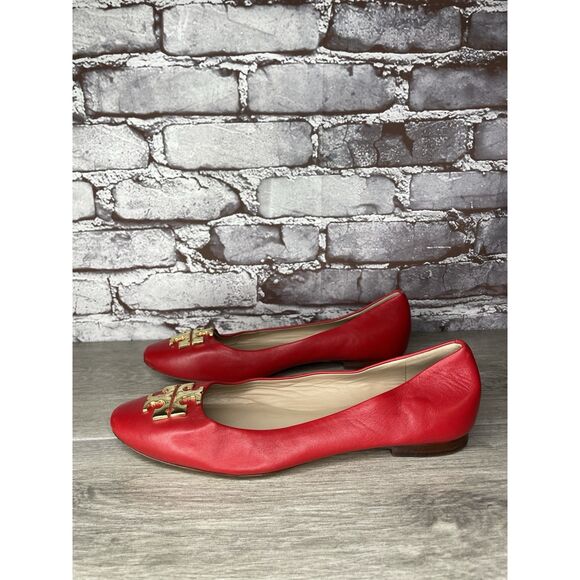 Tory Burch Red Leather Gold Badge Logo Ballet Flats Shoes Women Sz 8.5M US/39EU - Picture 1 of 16